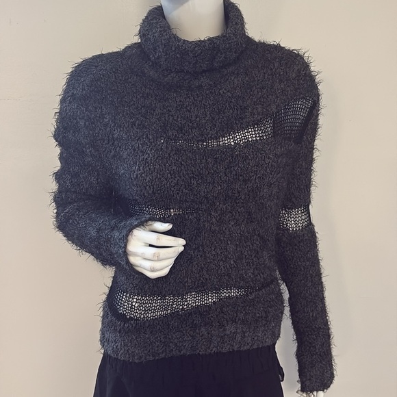 Cop Copine Aluche Fuzzy Furry Sweater w Black Textured Fishnet Style Cutouts - Picture 4 of 10